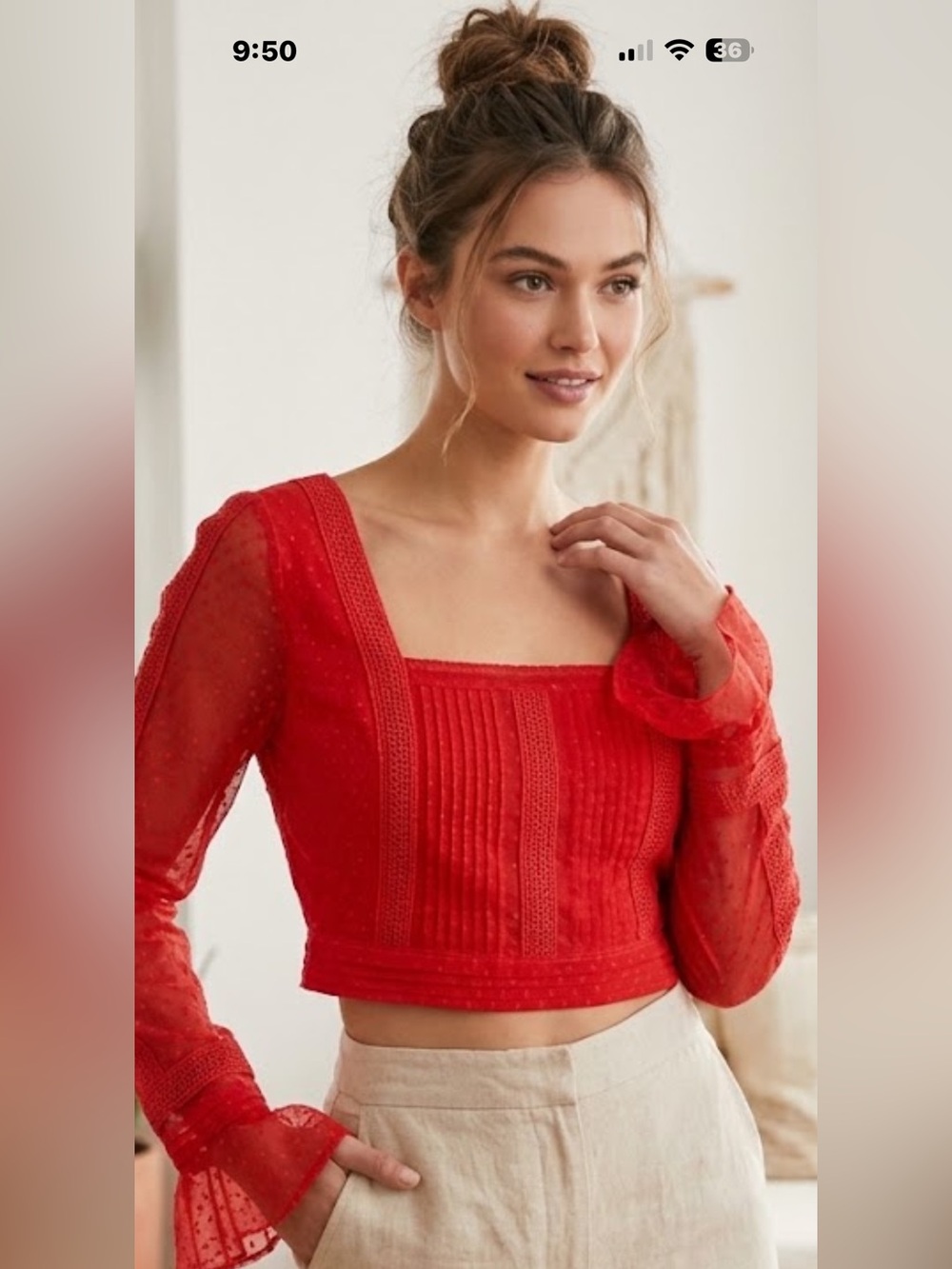 Anthropologie Red Lace Square-Neck Crop Top